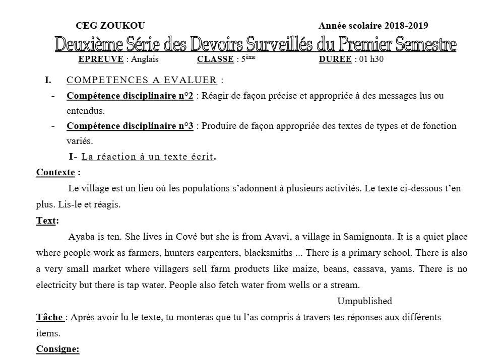 Aperçu de la première page — 5e Anglais Devoir 2 Semestre 1 CEG Zoukou 2018 2019