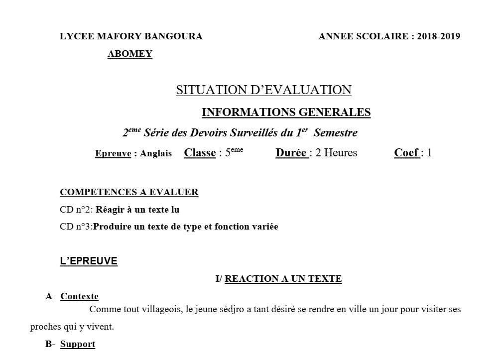 Aperçu de la première page — 5e Anglais Devoir 2 Semestre 1 Lycée Mafory Bangoura 2018 2019