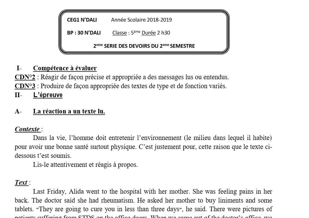 Aperçu de la première page — 5e Anglais Devoir 2 Semestre 2 CEG1 N'Dali 2018 2019