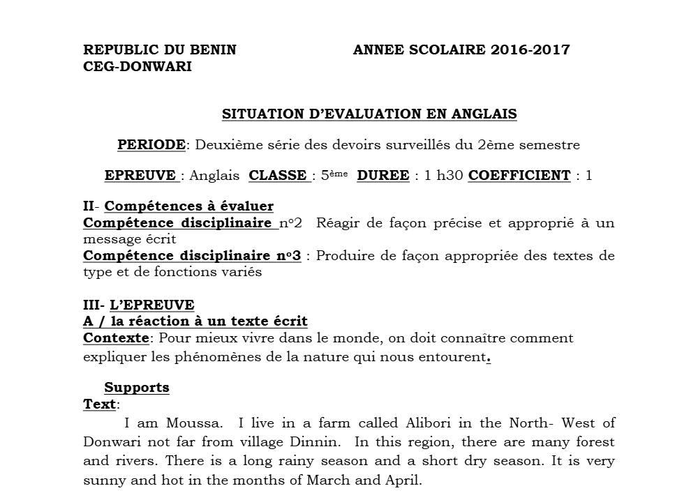 Aperçu de la première page — 5e Anglais Devoir 2 Semestre 2 CEG Donwari 2018 2019