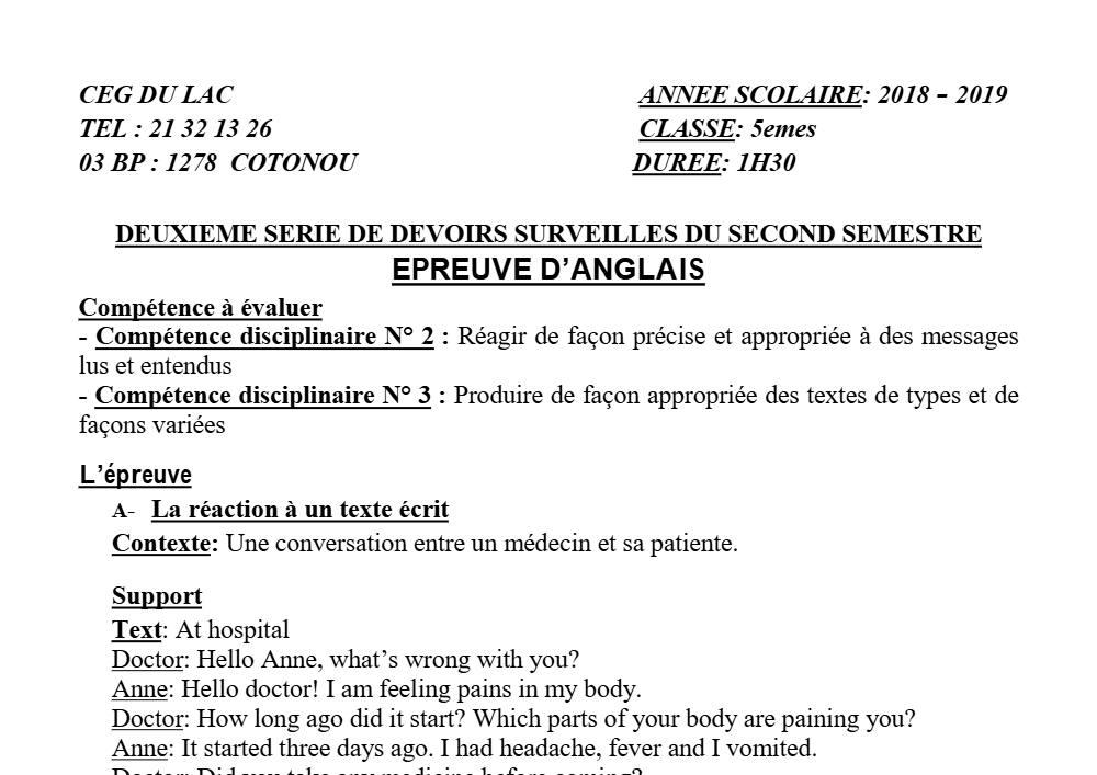 Aperçu de la première page — 5e Anglais Devoir 2 Semestre 2 CEG du Lac 2018 2019