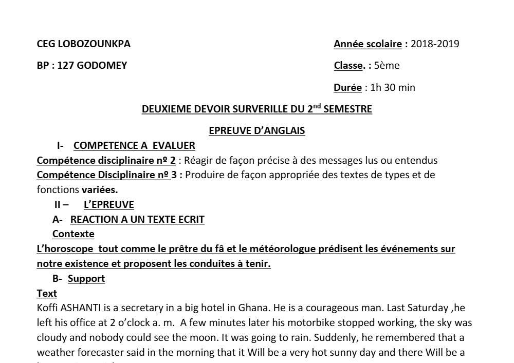 Aperçu de la première page — 5e Anglais Devoir 2 Semestre 2 CEG Lobozounkpa 2018 2019
