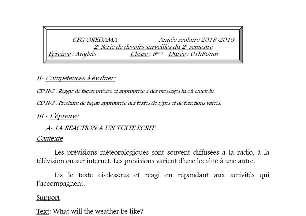Aperçu de la première page — 5e Anglais Devoir 2 Semestre 2 CEG Okedama 2018 2019