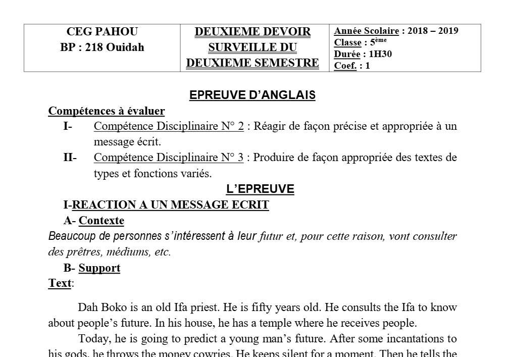 Aperçu de la première page — 5e Anglais Devoir 2 Semestre 2 CEG Pahou 2018 2019