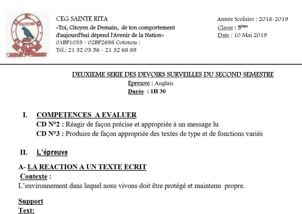 Aperçu de la première page — 5e Anglais Devoir 2 Semestre 2 CEG Sainte Rita 2018 2019