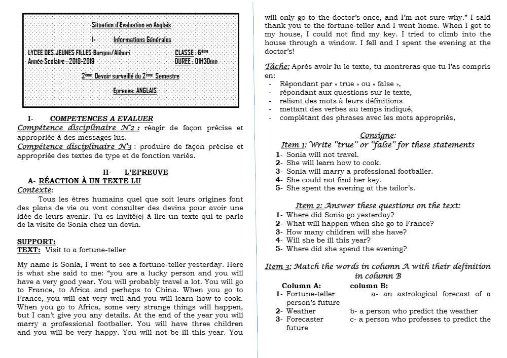 Aperçu de la première page — 5e Anglais Devoir 2 Semestre 2 Lycée des Jeunes Filles 2018 2019