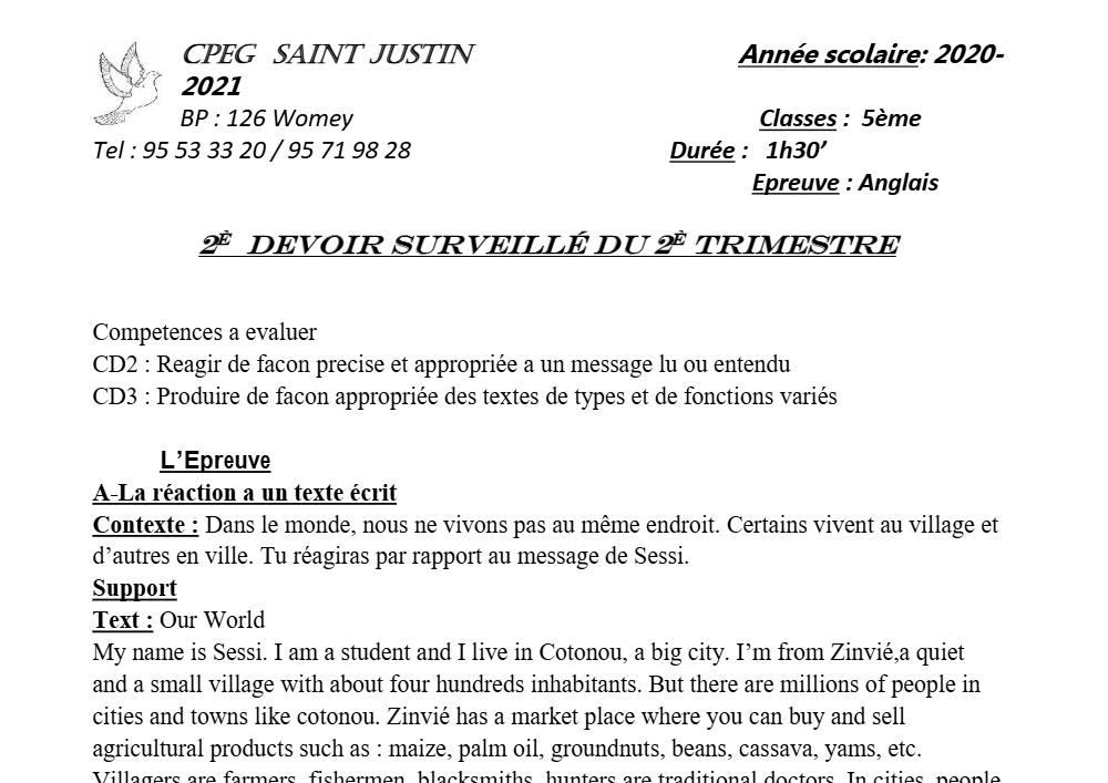 Aperçu de la première page — 5e Anglais Devoir 2 Trimestre 2 CPEG Saint Justin 2021