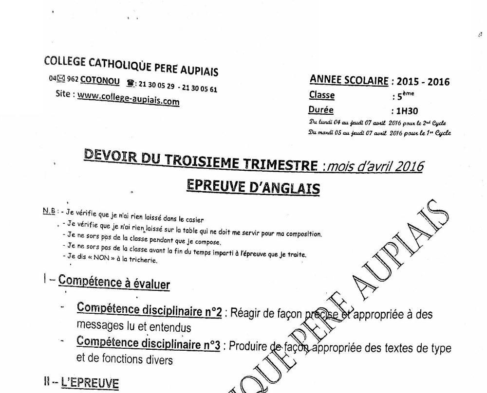 Aperçu de la première page — 5e Anglais Devoir Trimestre 3 Collège Catholique Père Aupais 2015 2016