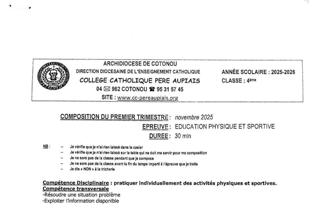 Aperçu de la première page — 4e EPS Composition Trimestre 1 Collège Catholique Père Aupiais 2025 2026