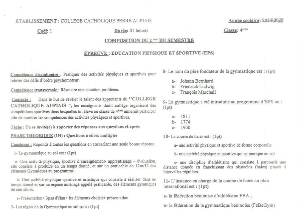 Aperçu de la première page — 4e EPS Composition Trimestre 2 Collège Catholique Père Aupiais Février 2025