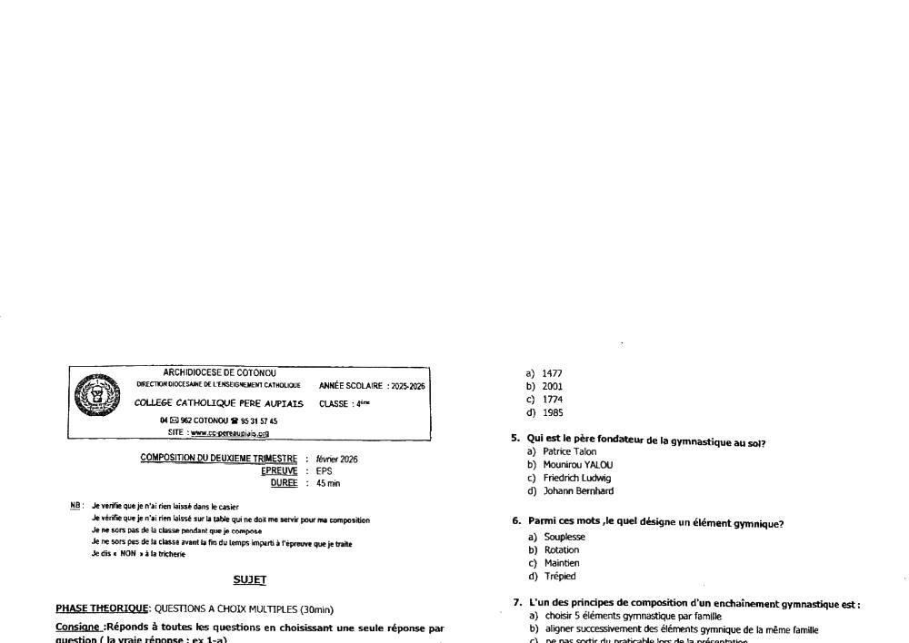 Aperçu de la première page — 4e EPS Composition Trimestre 2 Collège Catholique Père Aupiais Février 2026