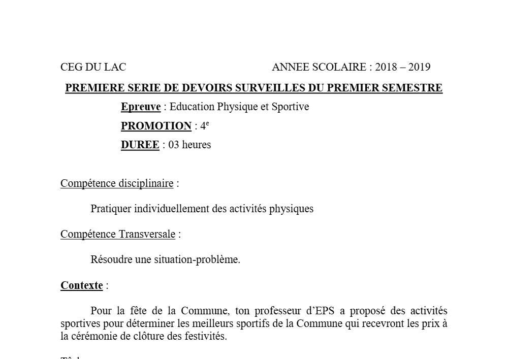 Aperçu de la première page — 4e EPS Devoir 1 Semestre 1 CEG du Lac 2018 2019