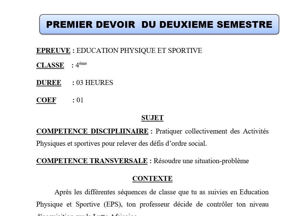 Aperçu de la première page — 4e EPS Devoir 1 Semestre 2 2019 2020