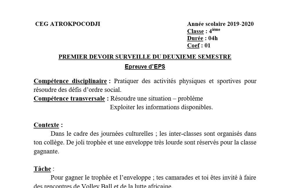 Aperçu de la première page — 4e EPS Devoir 1 Semestre 2 CEG Atrokpocodji 2019 2020