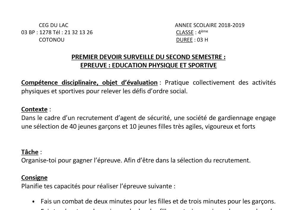 Aperçu de la première page — 4e EPS Devoir 1 Semestre 2 CEG du Lac 2018 2019