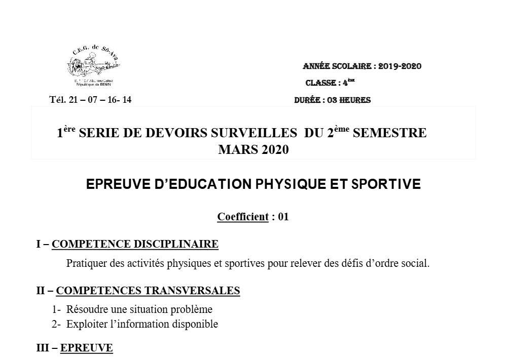 Aperçu de la première page — 4e EPS Devoir 1 Semestre 2 CEG So Ava 2019 2020