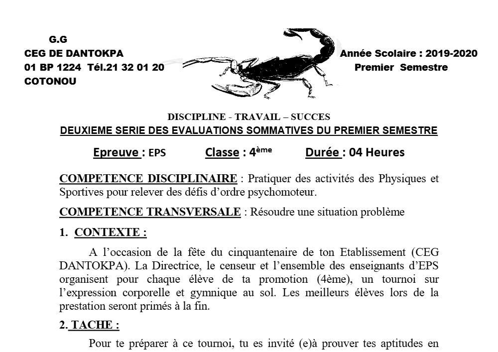 Aperçu de la première page — 4e EPS Devoir 2 Semestre 1 CEG Dantokpa 2019 2020