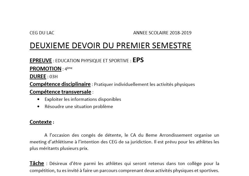 Aperçu de la première page — 4e EPS Devoir 2 Semestre 1 CEG du Lac 2018 2019