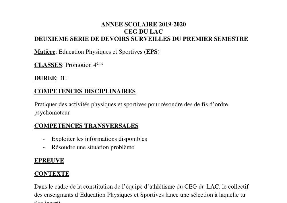 Aperçu de la première page — 4e EPS Devoir 2 Semestre 1 CEG du Lac 2019 2020