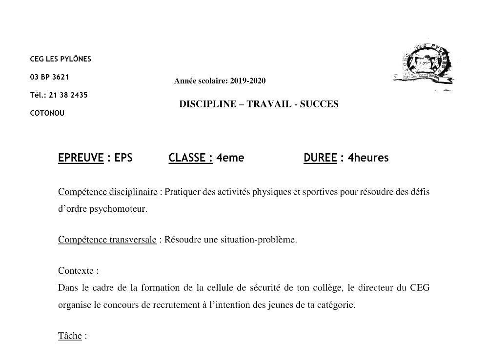 Aperçu de la première page — 4e EPS Devoir 2 Semestre 1 CEG Les Pylônes 2019 2020