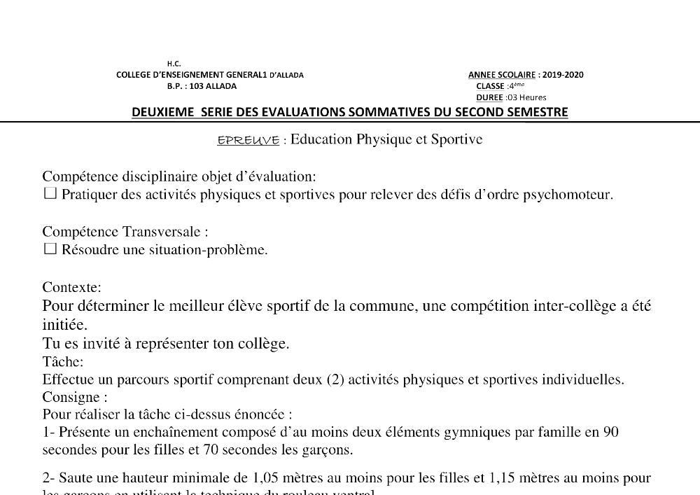 Aperçu de la première page — 4e EPS Devoir 2 Semestre 2 CEG1 Allada 2019 2020