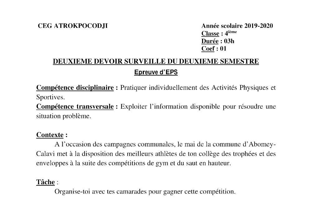 Aperçu de la première page — 4e EPS Devoir 2 Semestre 2 CEG Atrokpocodji 2019 2020