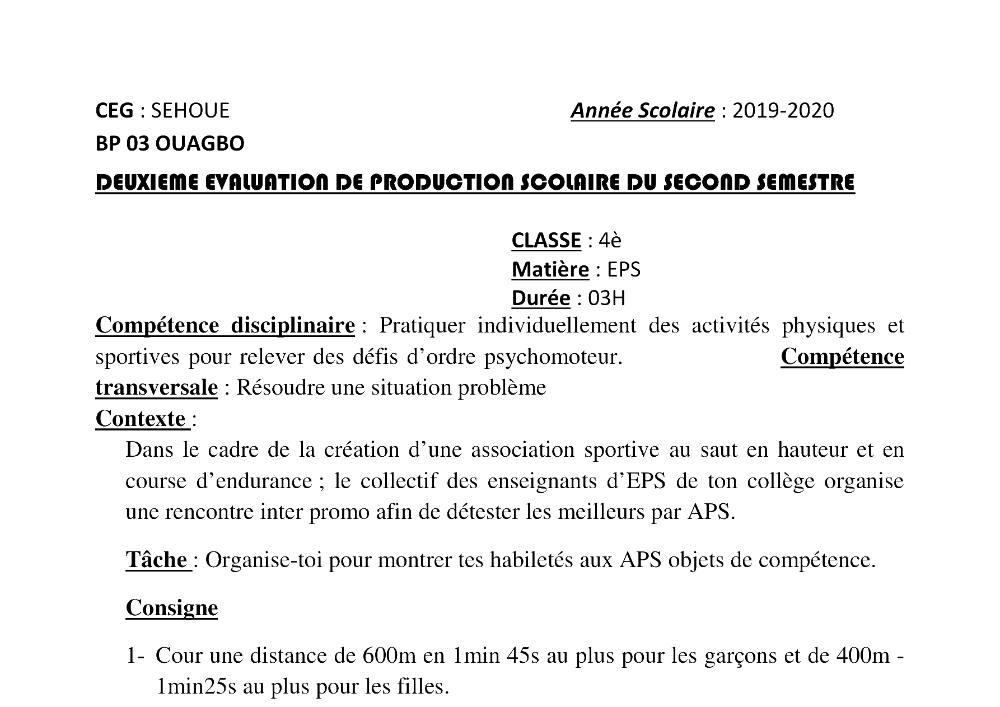 Aperçu de la première page — 4e EPS Devoir 2 Semestre 2 CEG Sehoue 2019 2020