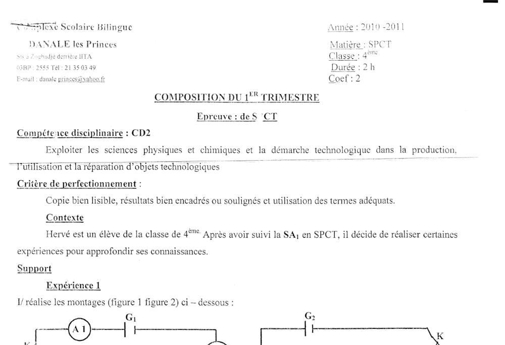 Aperçu de la première page — 4e PCT Composition Trimestre 1 Csb Danale Les Princes 2010 2011
