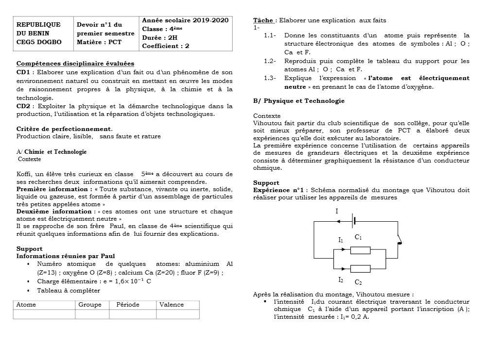 Aperçu de la première page — 4e PCT Devoir 1 Semestre 1 20189 2020 CEG5 Dogbo 2020