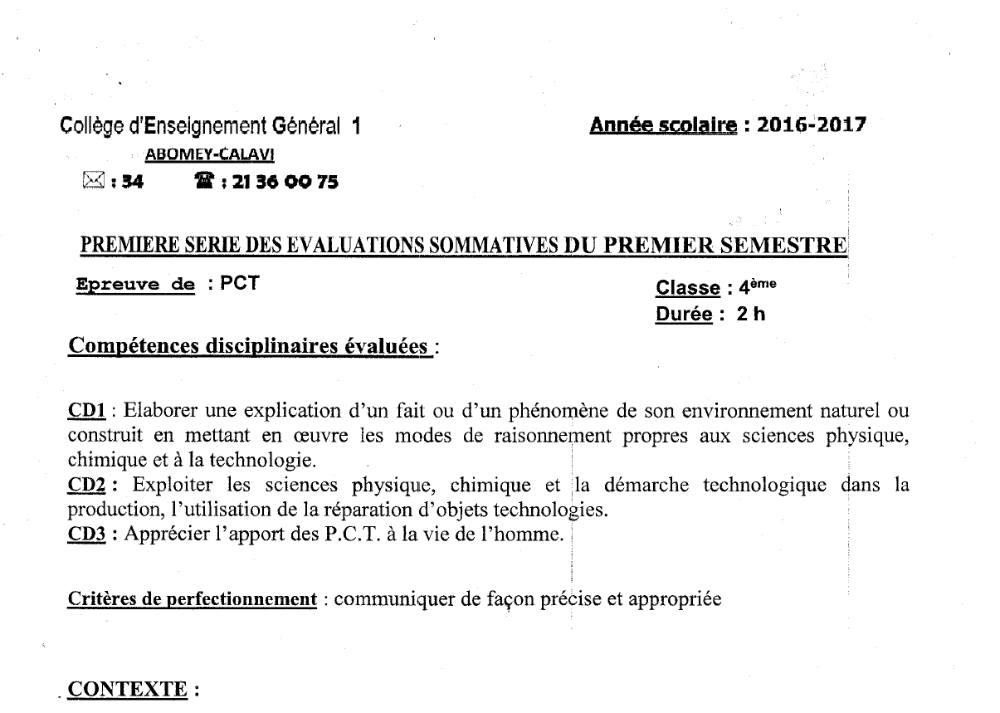 Aperçu de la première page — 4e PCT Devoir 1 Semestre 1 CEG1 Abomey Calavi 2016 2017