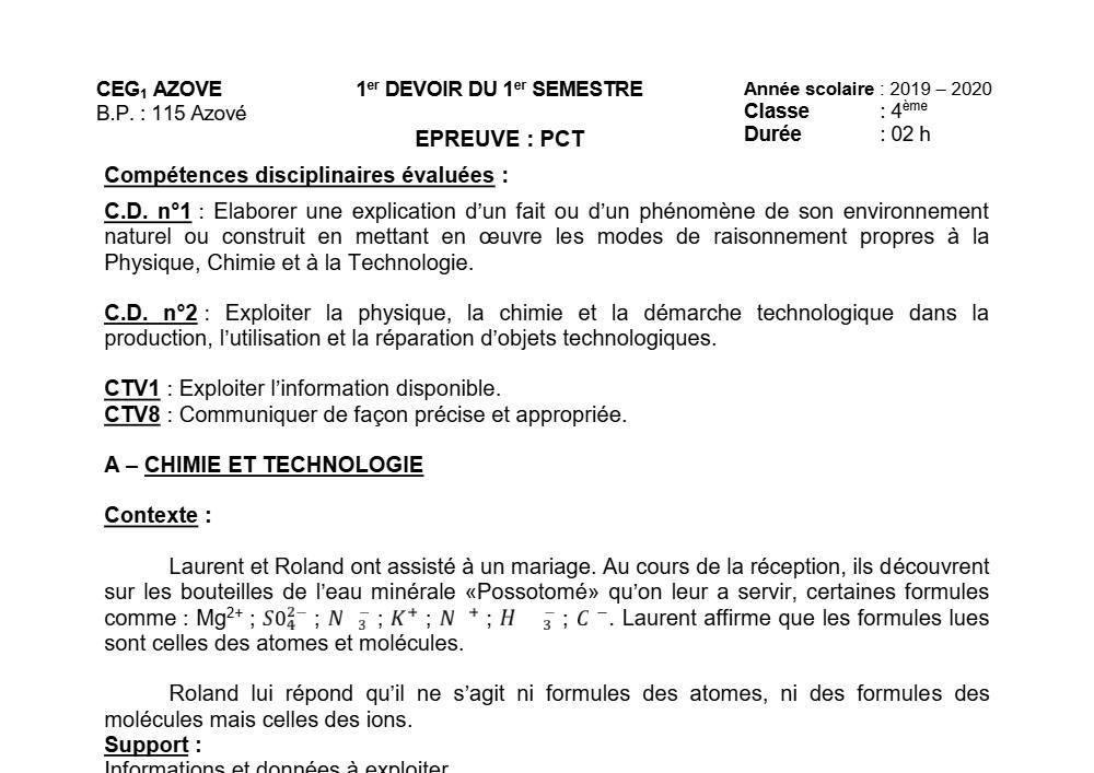 Aperçu de la première page — 4e PCT Devoir 1 Semestre 1 CEG1 Azové 2019 2020
