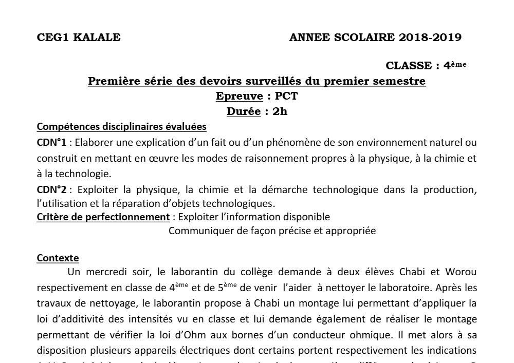 Aperçu de la première page — 4e PCT Devoir 1 Semestre 1 CEG1 Kalalé 2018 2019
