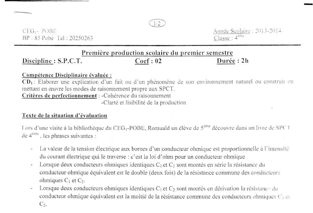 Aperçu de la première page — 4e PCT Devoir 1 Semestre 1 CEG1 Pobè 2013 2014