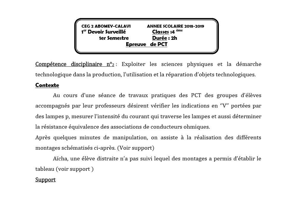 Aperçu de la première page — 4e PCT Devoir 1 Semestre 1 CEG2 Abomey Calavi 2018 2019