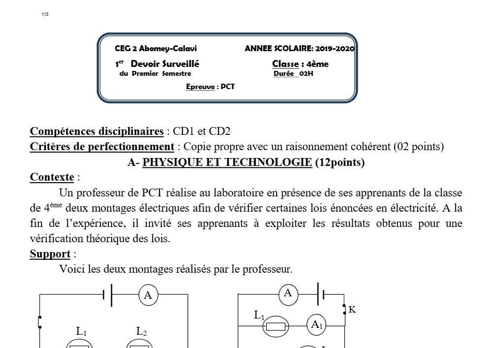Aperçu de la première page — 4e PCT Devoir 1 Semestre 1 CEG2 Abomey Calavi 2019 2020