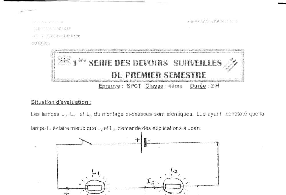 Aperçu de la première page — 4e PCT Devoir 1 Semestre 1 CEG2 Ste Rita 2012 2013