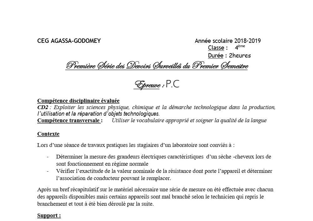 Aperçu de la première page — 4e PCT Devoir 1 Semestre 1 CEG Agassa Godomey 2018 2019