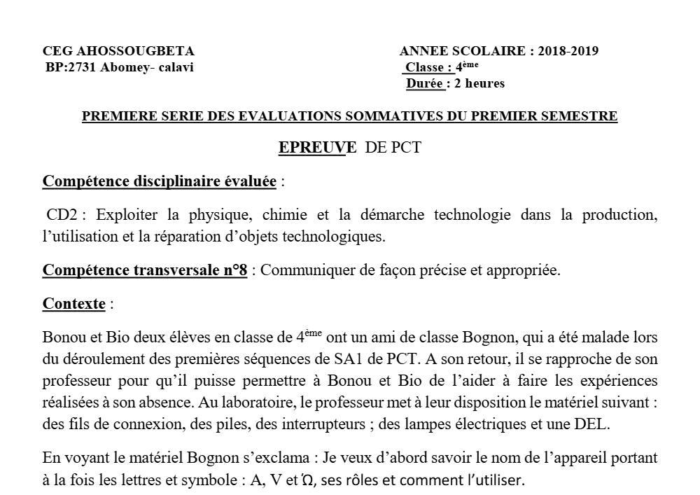 Aperçu de la première page — 4e PCT Devoir 1 Semestre 1 CEG Ahossougbéta 2018 2019