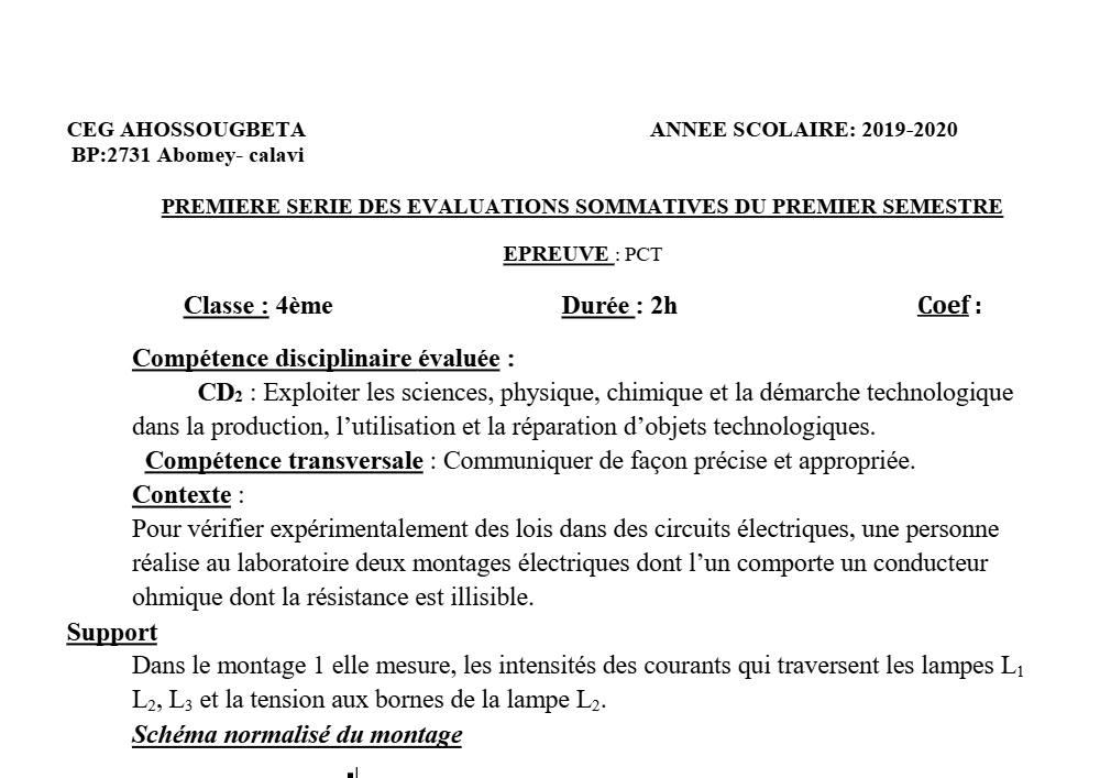 Aperçu de la première page — 4e PCT Devoir 1 Semestre 1 CEG Ahossougbéta 2019 2020