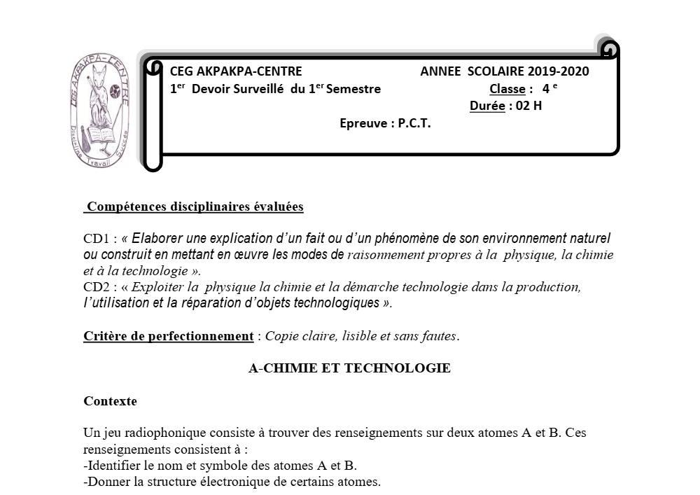 Aperçu de la première page — 4e PCT Devoir 1 Semestre 1 CEG Akpakpa 2019 2020