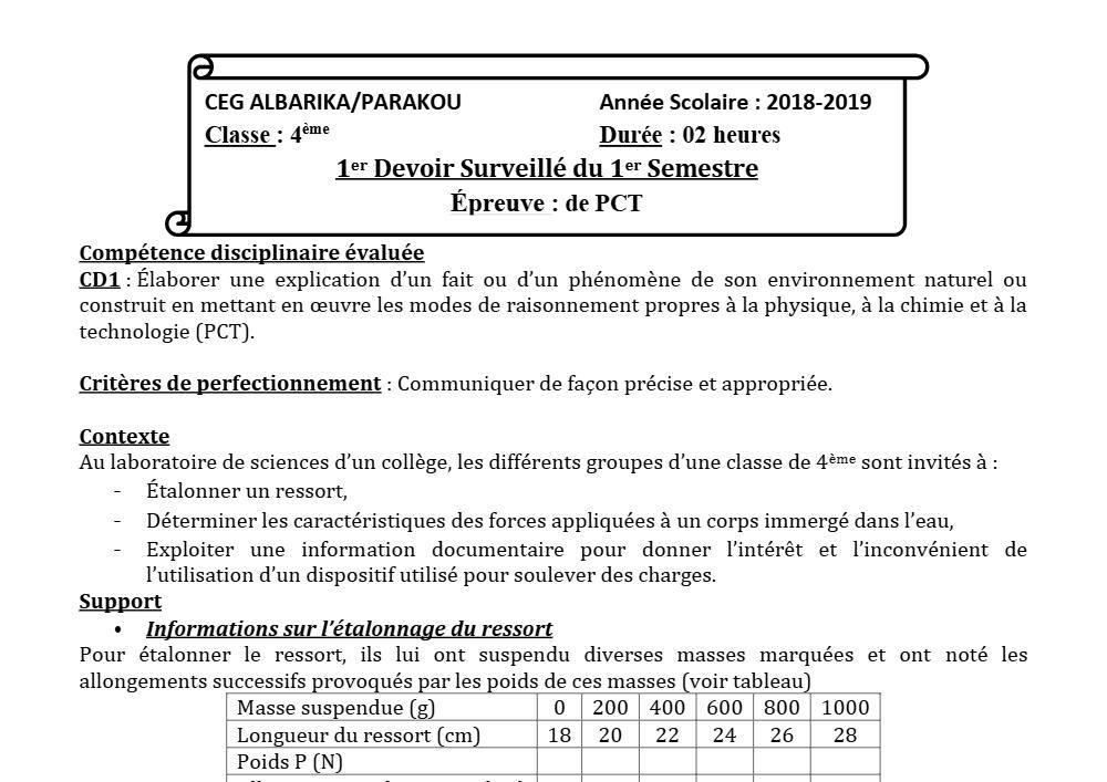 Aperçu de la première page — 4e PCT Devoir 1 Semestre 1 CEG Albarika 2018 2019 (2)