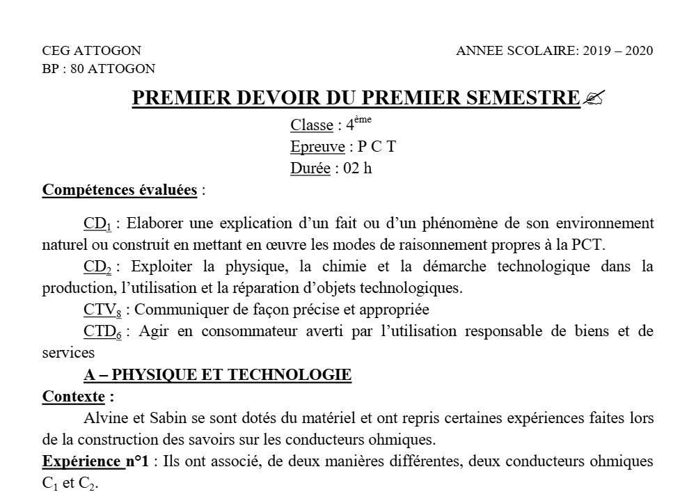 Aperçu de la première page — 4e PCT Devoir 1 Semestre 1 CEG Attogon 2019 2020
