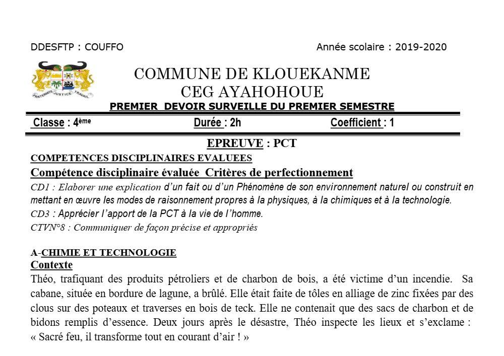 Aperçu de la première page — 4e PCT Devoir 1 Semestre 1 CEG Ayahohoue 2019 2020