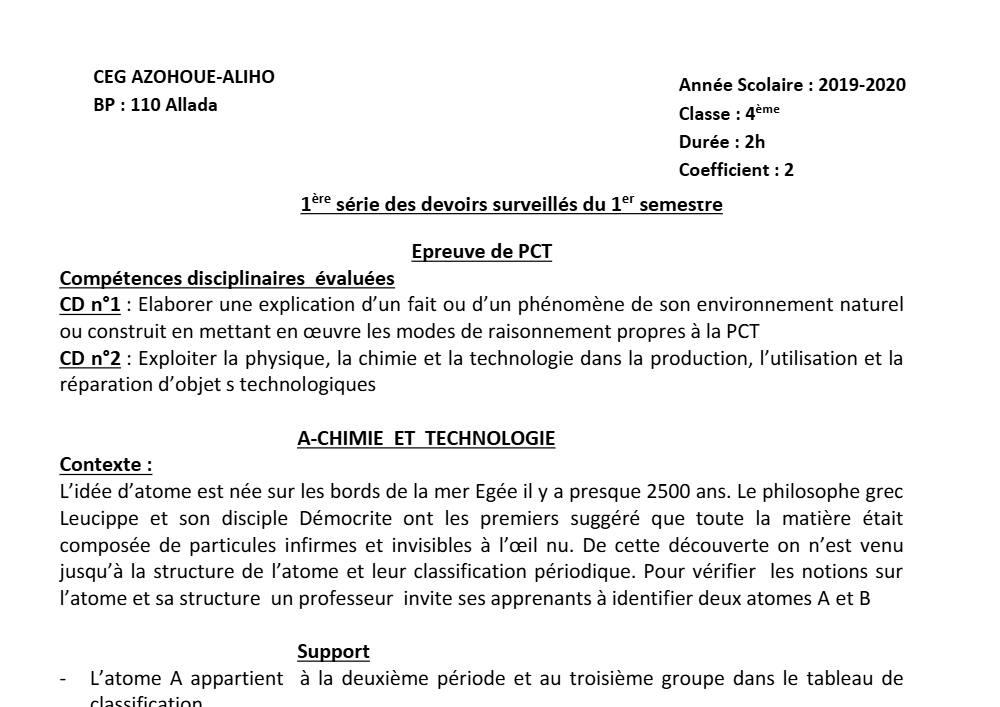 Aperçu de la première page — 4e PCT Devoir 1 Semestre 1 CEG Azohoue Aliho 2019 2020