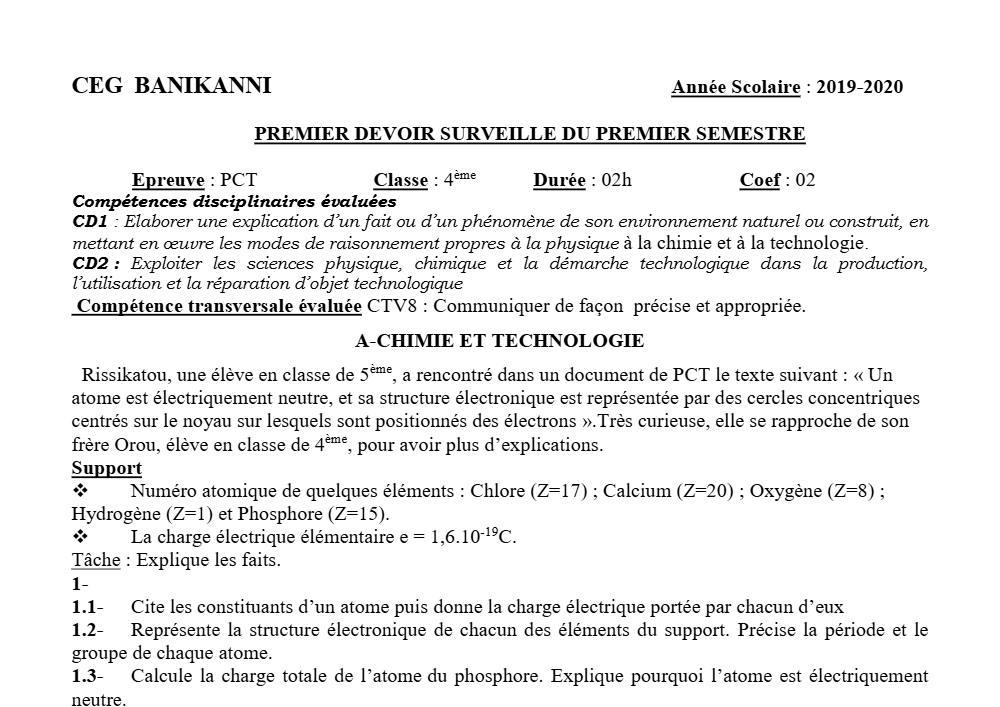 Aperçu de la première page — 4e PCT Devoir 1 Semestre 1 CEG Banikanni 2019 2020