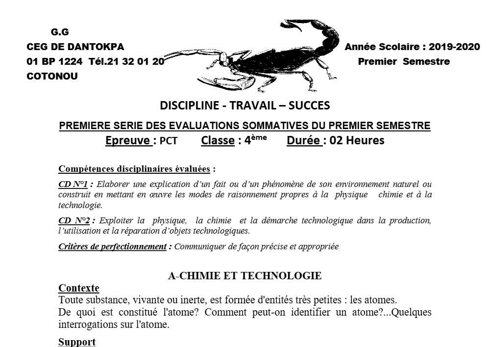 Aperçu de la première page — 4e PCT Devoir 1 Semestre 1 CEG Dantokpa 2019 2020