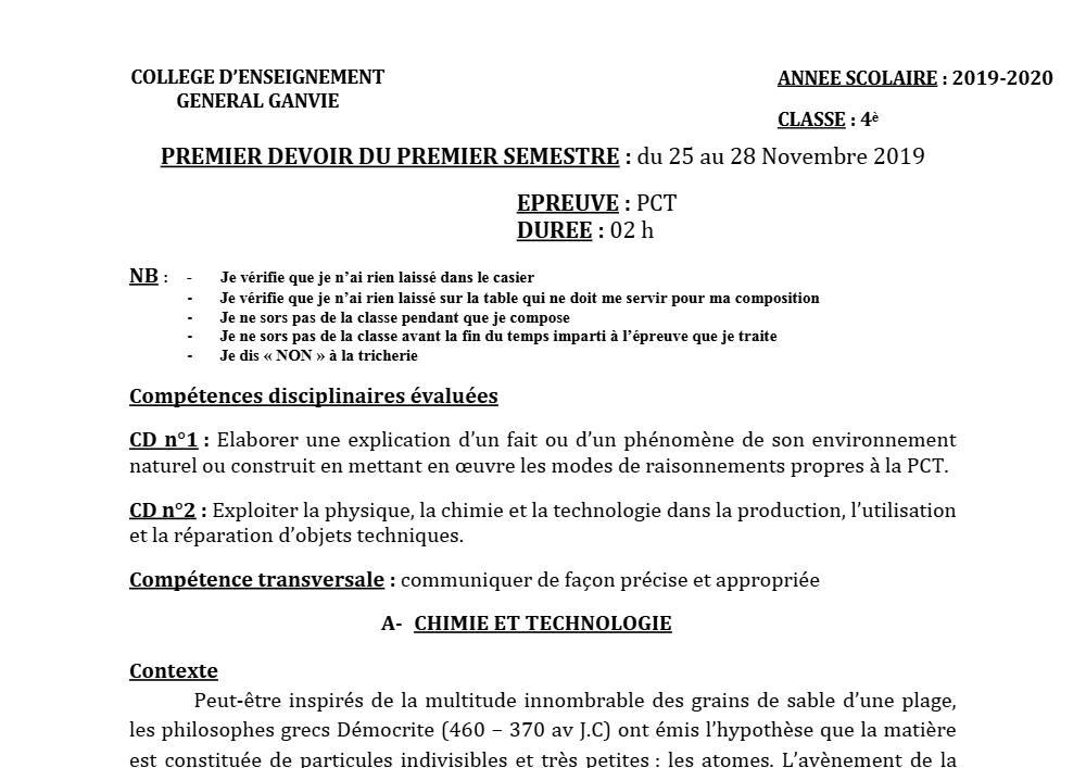 Aperçu de la première page — 4e PCT Devoir 1 Semestre 1 CEG Ganvie 2019 2020
