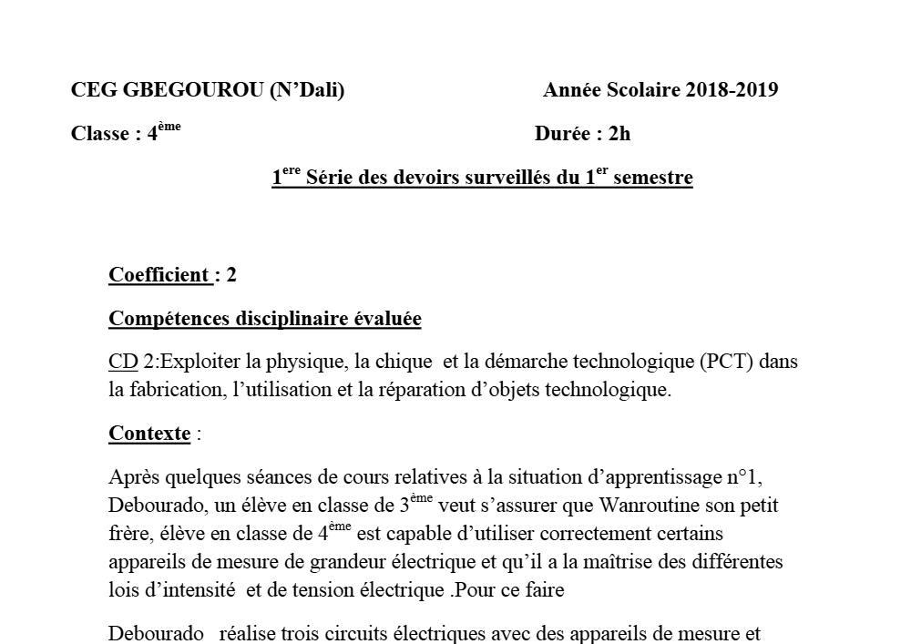 Aperçu de la première page — 4e PCT Devoir 1 Semestre 1 CEG Gbegourou 2018 2019