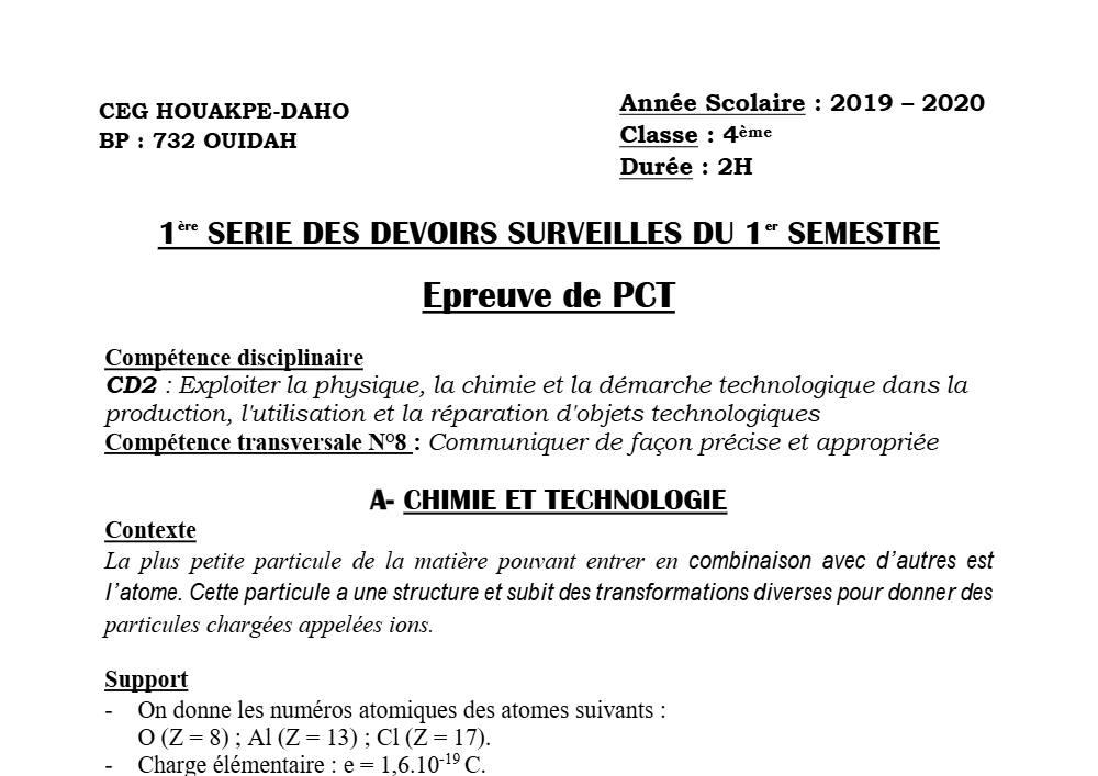 Aperçu de la première page — 4e PCT Devoir 1 Semestre 1 CEG Houakpe Daho 2019 2020