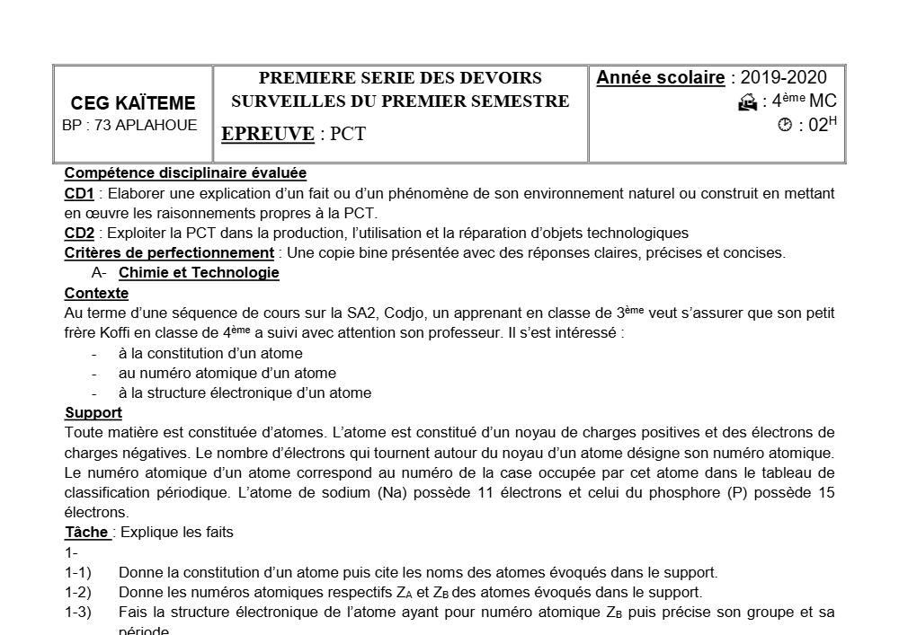 Aperçu de la première page — 4e PCT Devoir 1 Semestre 1 CEG Kaïteme 2019 2020